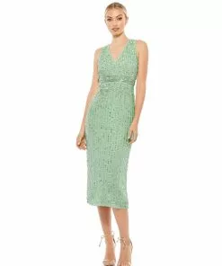 Mac Duggal Shop For Sequined Sleeveless V-Neck Midi Sheath Dress