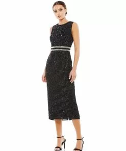 Mac Duggal Shop For Sequined Sleeveless Midi Sheath Dress
