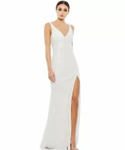 Mac Duggal Sequined High Slit Evening Gown