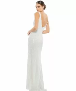 Mac Duggal Sequined High Slit Evening Gown