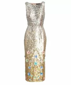 Mac Duggal Metallic Ombré Floral Embellished Sleeveless Midi Dress