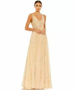 Mac Duggal Shop For Sequined Illusion Plunge Neck A-Line Gown