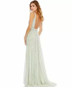 Mac Duggal Shop For Sequined Illusion Plunge Neck A-Line Gown