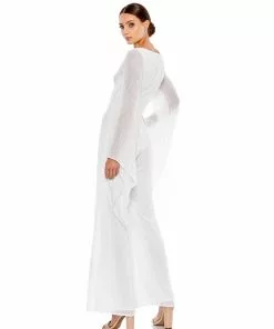 Mac Duggal Fully Sequined Plunging White Jumpsuit