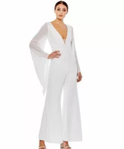 Mac Duggal Fully Sequined Plunging White Jumpsuit
