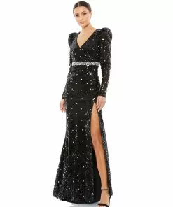 Mac Duggal Sequined Puff Shoulder Rhinestone Dot Gown Shop For