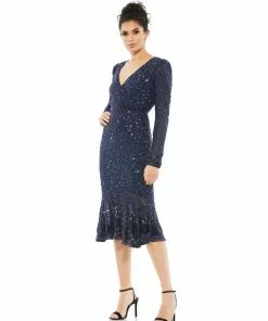 Mac Duggal Sequined Long Sleeve Midi Trumpet Dress Shop For