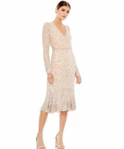 Mac Duggal Sequined Long Sleeve Midi Trumpet Dress Shop For