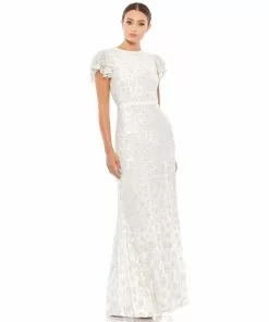 Mac Duggal Floral Embellished Flutter Sleeve Evening Gown Shop For