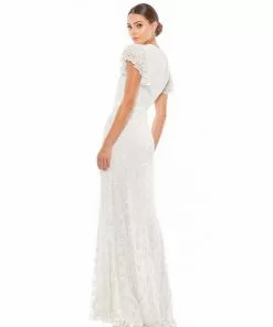 Mac Duggal Floral Embellished Flutter Sleeve Evening Gown Shop For