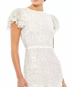 Mac Duggal Floral Embellished Flutter Sleeve Evening Gown Shop For