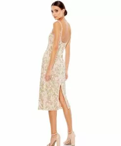Mac Duggal Floral Beaded Midi Sheath Dress