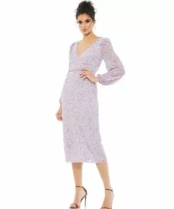 Mac Duggal Blouson Sleeve Sequined Surplice Midi Dress