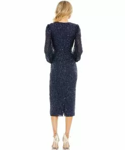 Mac Duggal Blouson Sleeve Sequined Surplice Midi Dress