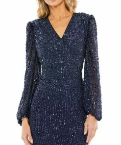 Mac Duggal Blouson Sleeve Sequined Surplice Midi Dress