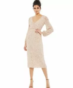 Mac Duggal Blouson Sleeve Sequined Surplice Midi Dress