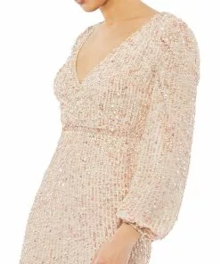 Mac Duggal Blouson Sleeve Sequined Surplice Midi Dress