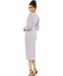 Mac Duggal Blouson Sleeve Sequined Surplice Midi Dress