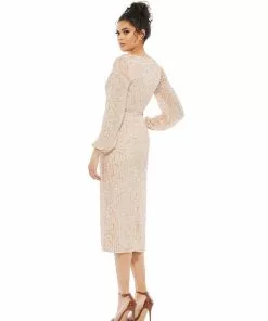 Mac Duggal Blouson Sleeve Sequined Surplice Midi Dress