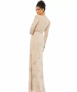 Mac Duggal Puff Sleeve Floral Beaded Surplice Gown