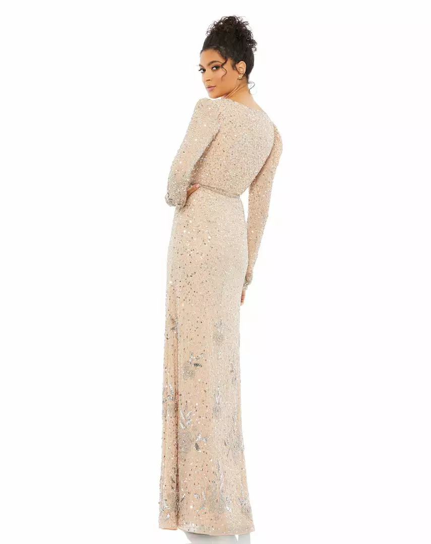 Mac Duggal Puff Sleeve Floral Beaded Surplice Gown 2 Mac Duggal Puff Sleeve Floral Beaded Surplice Gown