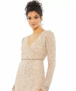 Mac Duggal Puff Sleeve Floral Beaded Surplice Gown 5 Mac Duggal Puff Sleeve Floral Beaded Surplice Gown