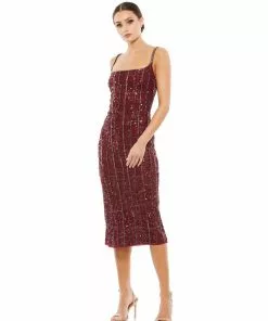 Mac Duggal Embellished Square Neck Midi Sheath Dress