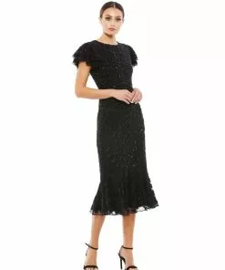 Mac Duggal Floral Embellished Flounce Sleeve Midi Dress Mother Of The Bride + Groom Dresses