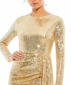 Mac Duggal Short Dresses Metallic Long Sleeve Sequined Mini Dress