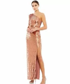 Mac Duggal Shop For Sequined One Sleeve High Slit Gown