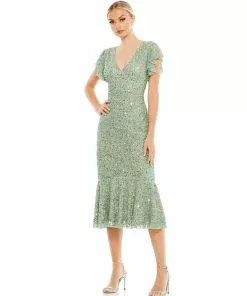 Mac Duggal Shop For Sequined Flutter Sleeve Midi Dress