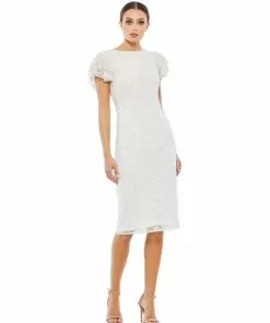 Mac Duggal Floral Embellished Flutter Sleeve Midi Dress