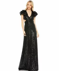 Mac Duggal Shop For Sequined Ruffled Cutout Open Back Gown