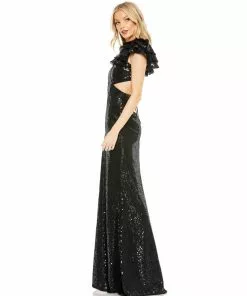Mac Duggal Shop For Sequined Ruffled Cutout Open Back Gown