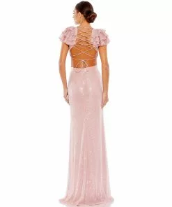 Mac Duggal Shop For Sequined Ruffled Cutout Open Back Gown