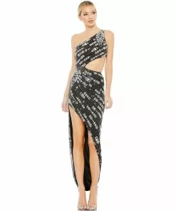 Mac Duggal Beaded One Shoulder Cut Out Gown
