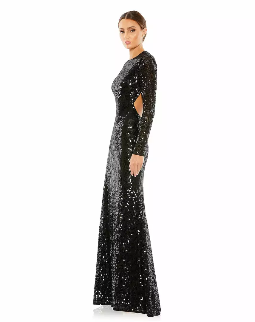 Mac Duggal Sequined Long Sleeve High Neck Open Back Gown 8 Mac Duggal Sequined Long Sleeve High Neck Open Back Gown