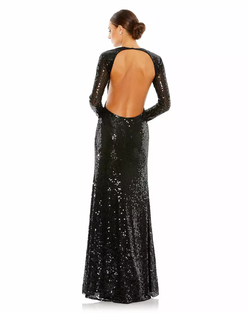 Mac Duggal Sequined Long Sleeve High Neck Open Back Gown 6 Mac Duggal Sequined Long Sleeve High Neck Open Back Gown