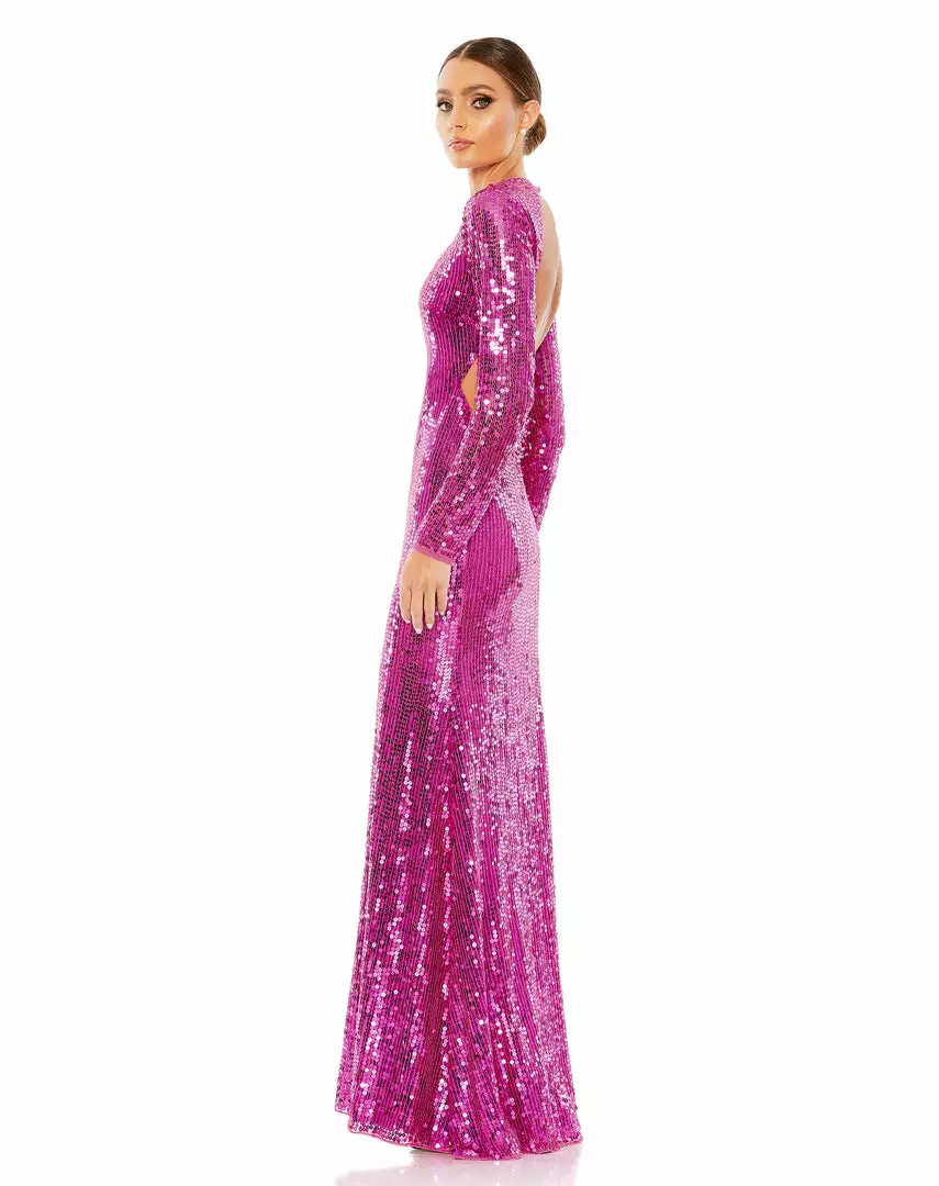 Mac Duggal Sequined Long Sleeve High Neck Open Back Gown 4 Mac Duggal Sequined Long Sleeve High Neck Open Back Gown