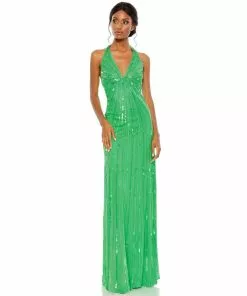 Mac Duggal Sequined Halter Strap V-Neck Column Gown Shop For