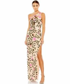 Mac Duggal Floral Sequined One Shoulder Column Gown