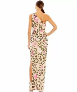 Mac Duggal Floral Sequined One Shoulder Column Gown
