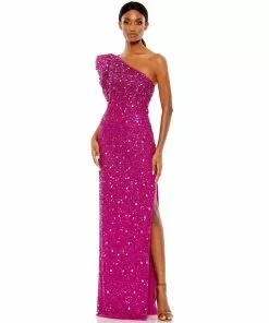 Mac Duggal Embellished Puff One Shoulder Column Gown