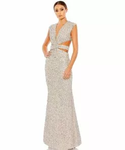 Mac Duggal Sequined Cap Sleeveless Plunge Neck Cut Out Gown Shop For