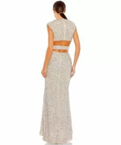 Mac Duggal Sequined Cap Sleeveless Plunge Neck Cut Out Gown Shop For