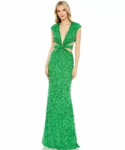 Mac Duggal Sequined Cap Sleeveless Plunge Neck Cut Out Gown Shop For