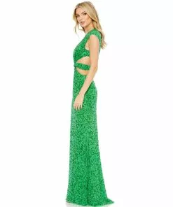 Mac Duggal Sequined Cap Sleeveless Plunge Neck Cut Out Gown Shop For