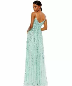 Mac Duggal Sequined Sleeveless Wrap Over A-Line Gown Shop For