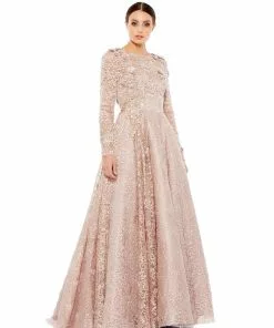 Mac Duggal Long Sleeve A-Line Floral Applique Gown