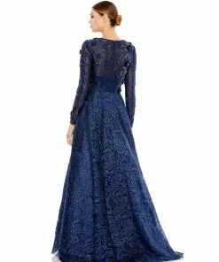 Mac Duggal Long Sleeve A-Line Floral Applique Gown